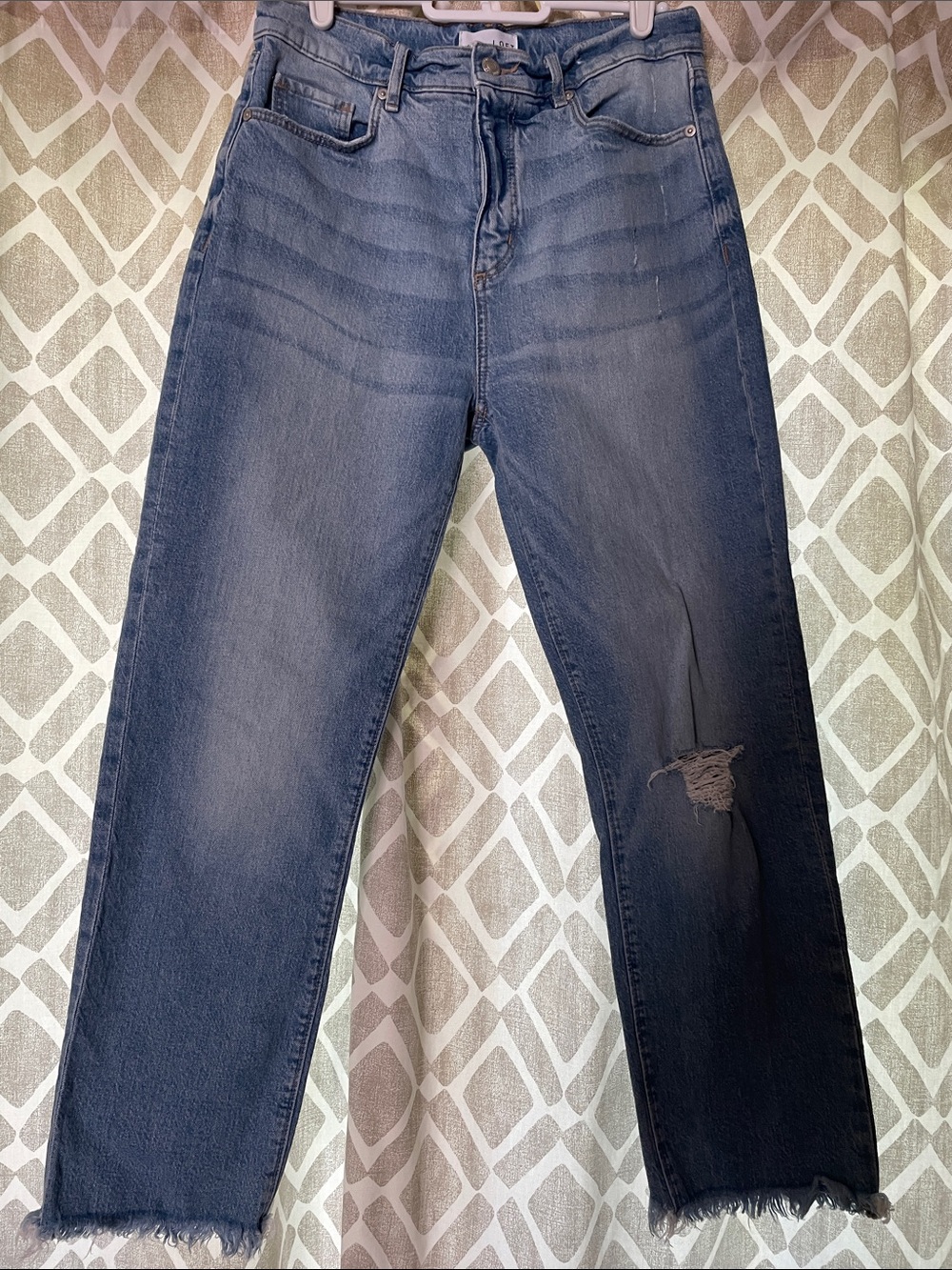 LOFT Dark Blue Straight-Leg Jeans with Distressed Knee
